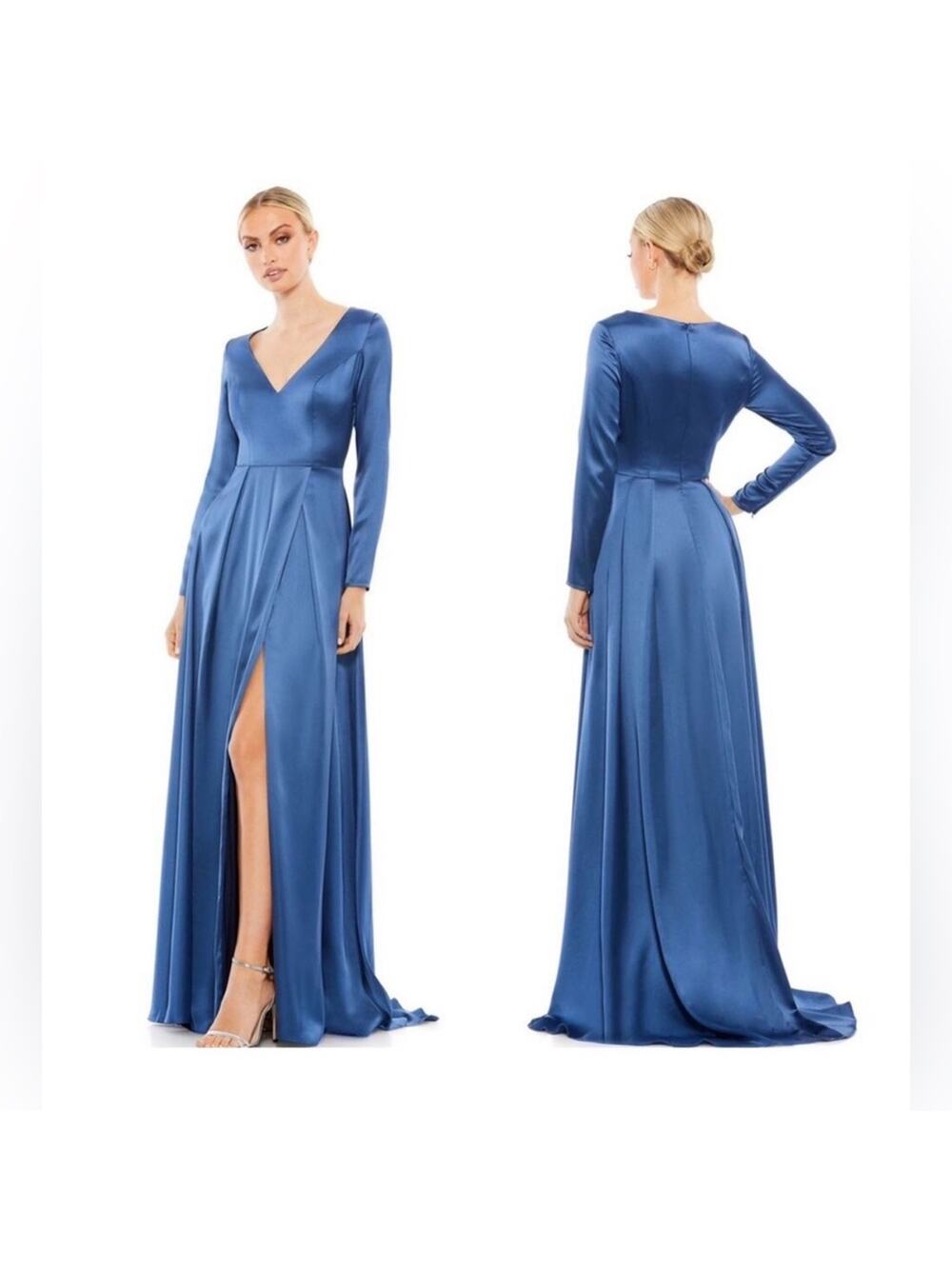 IEENA Mac Duggal Satin Evening Gown Sz 6 Blue Long Sleeve Formal Maxi Dress NWT